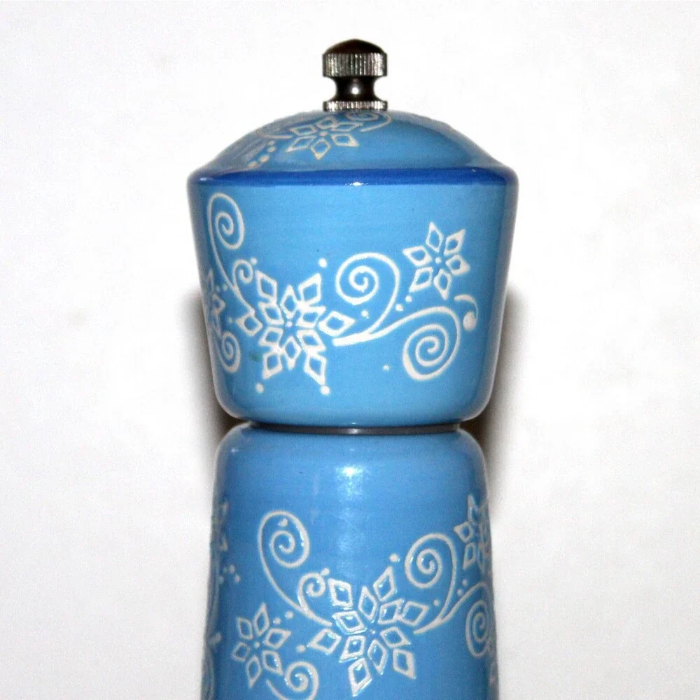 Temptations Pepper Grinder mill ceramic Blue Floral Lace Winter 10” white
